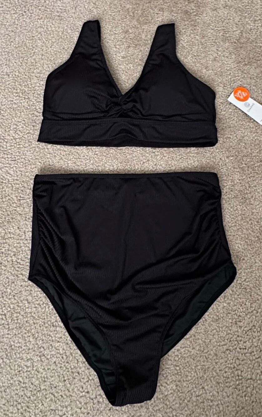 Charmo Women’s XL Black Bikini Set Padded Top High Waist Bottom UPF 50+ NWT